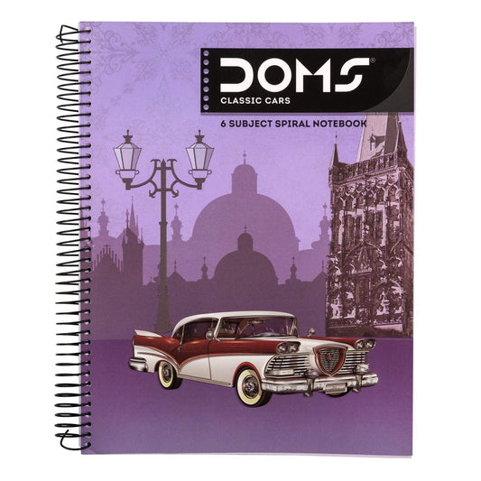 DOMS 6 Subject Spiral Note Books (Classic Cars Series) 70 Gsm Paper 300 Pages, Multi (7086)