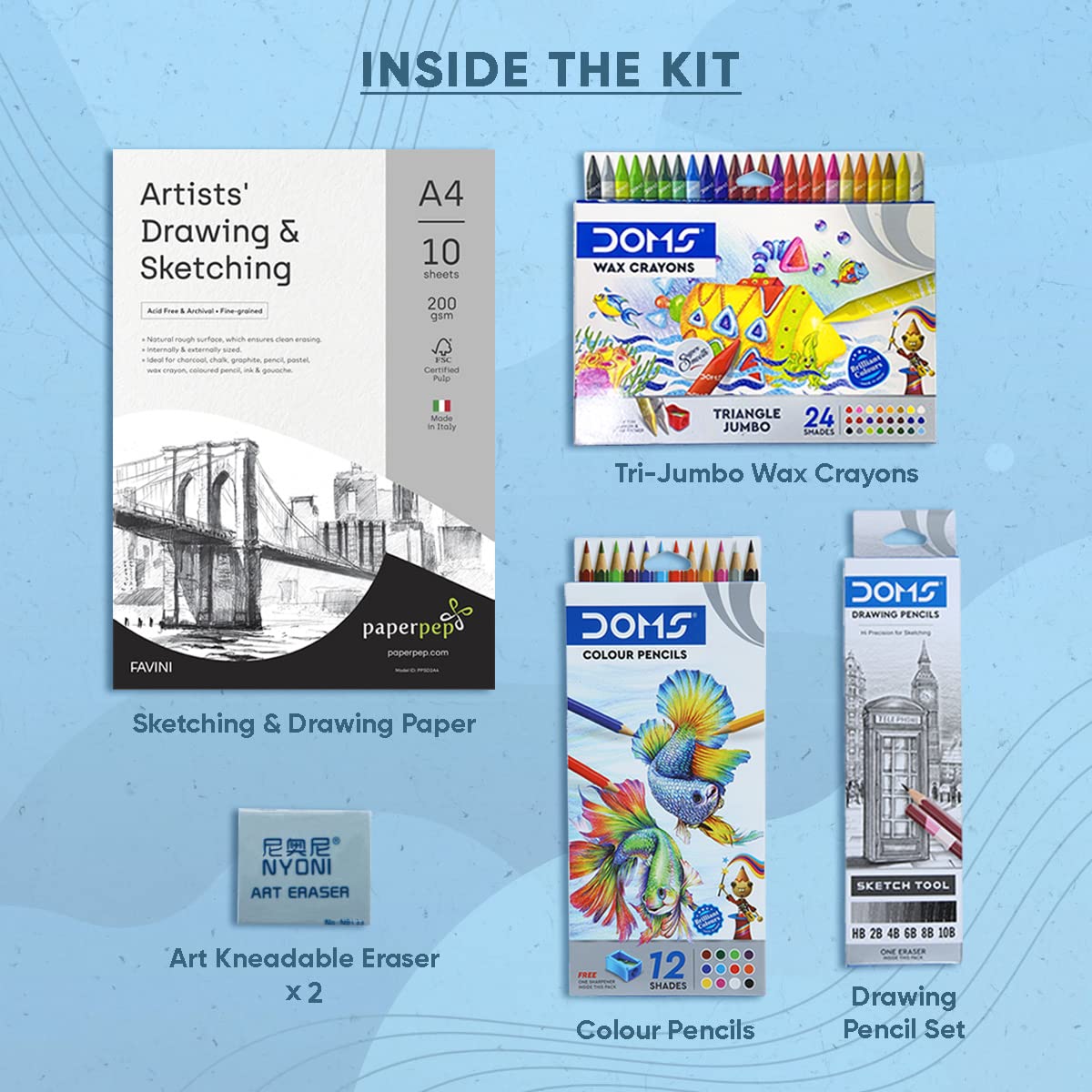Ondesk Sketching Smart Kit Mega Gift Pack | Best for School & College | 6 Assorted Items | Sketching Pencil, Colour Pencil, Wax Crayon, Eraser, Sketching & Drawing Paper (200 GSM | A4 | Pack of 10)