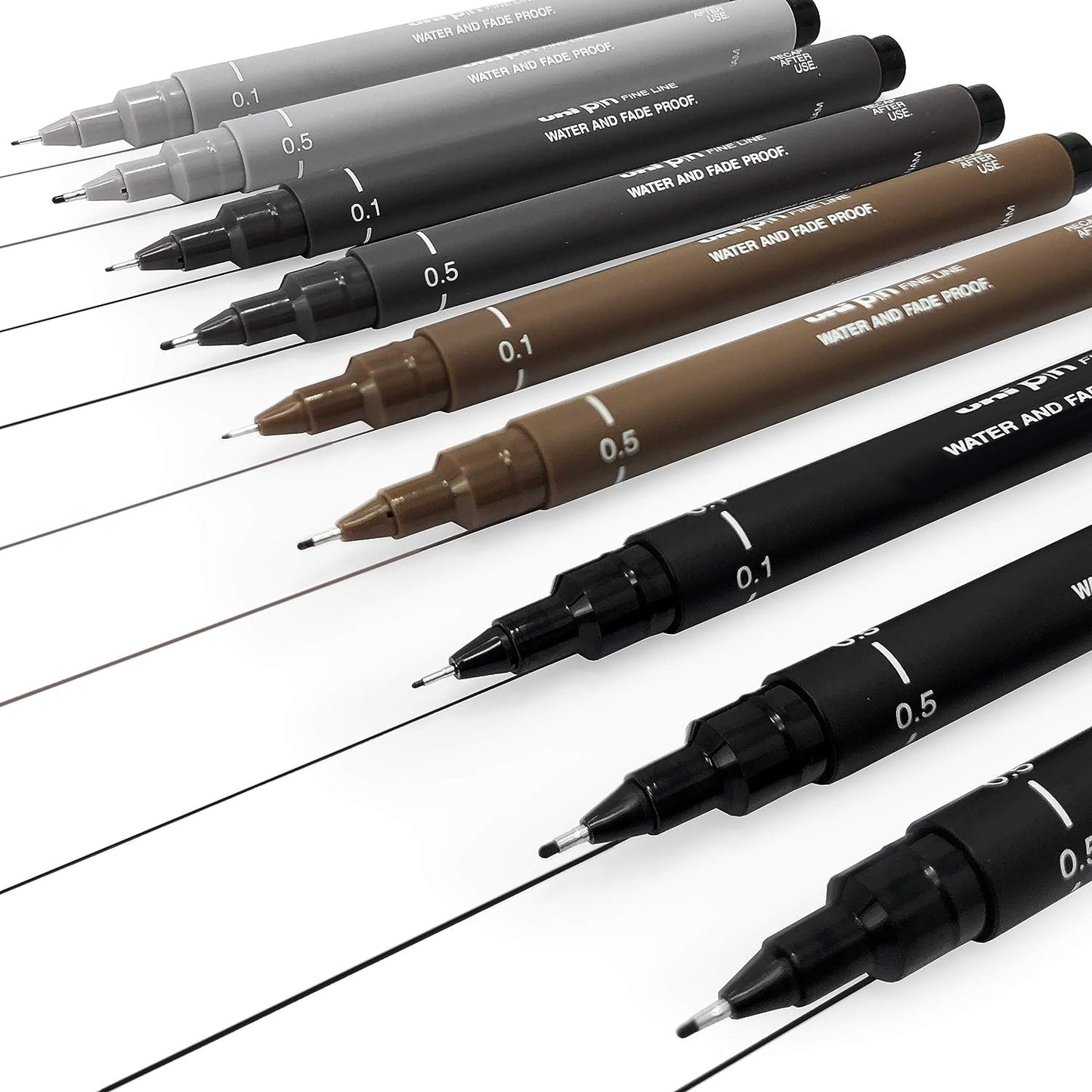 Uniball Pin Fineliner Drawing Pen    Sketching Set    Black, Dark Grey, Light Grey, Sepia    0.1/0.5mm    Set of 9, medium (UNMPRP0.1/0.5CS9)