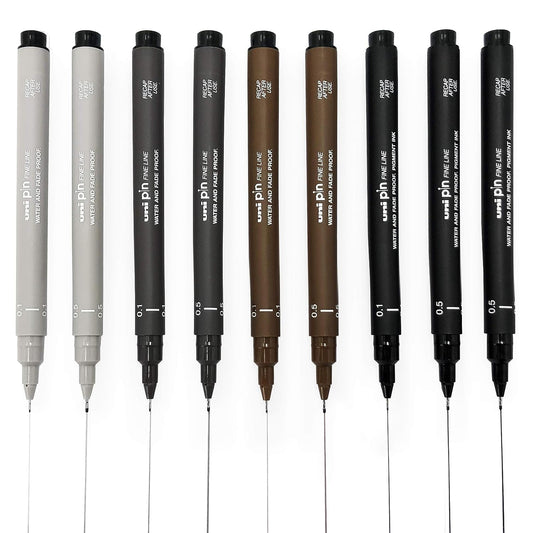 Uniball Pin Fineliner Drawing Pen - Sketching Set - Black, Dark Grey, Light Grey, Sepia - 0.1/0.5mm - Set of 9, medium (UNMPRP0.1/0.5CS9)