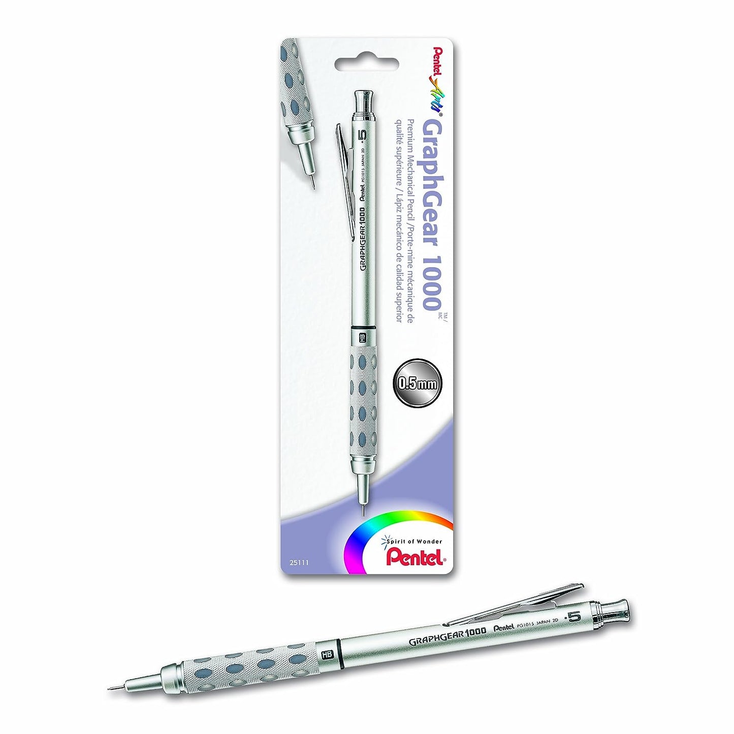 Pentel GraphGear 1000 0.5 MM Mechanical Drafting Pencil | Metal Clip With Retractable Mechanism | Dual Metal & Rubber Grip | Pack Of 1 | Silver & Black (PG1015)