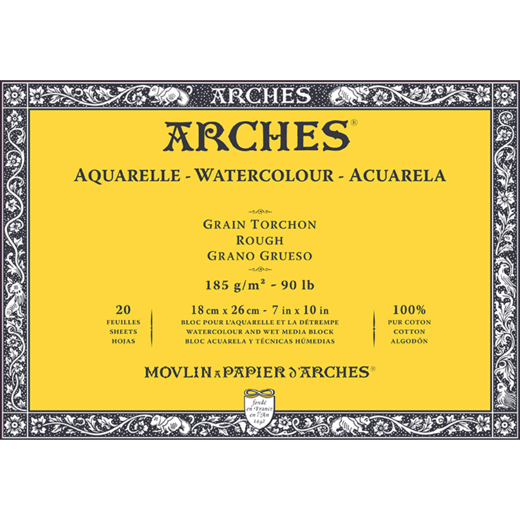Arches Watercolour- Aquarelle - 18 Cm X 26 Cm Natural White Rough Grain 185 Gsm Paper- 4 Side Glued Pad Of 20 Sheets