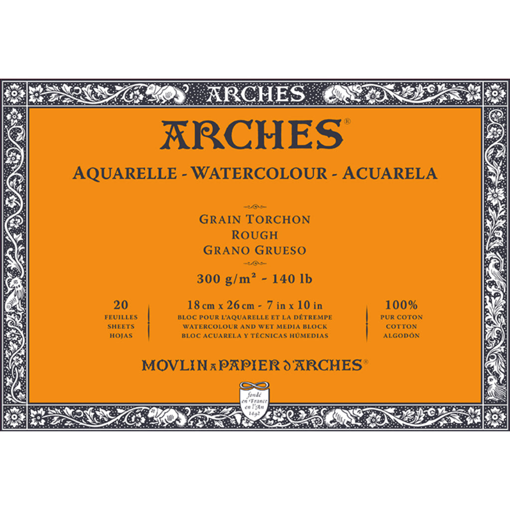 Arches Watercolour- Aquarelle - 18 Cm X 26 Cm Natural White Rough Grain 300 Gsm Paper- 4 Side Glued Pad Of 20 Sheets