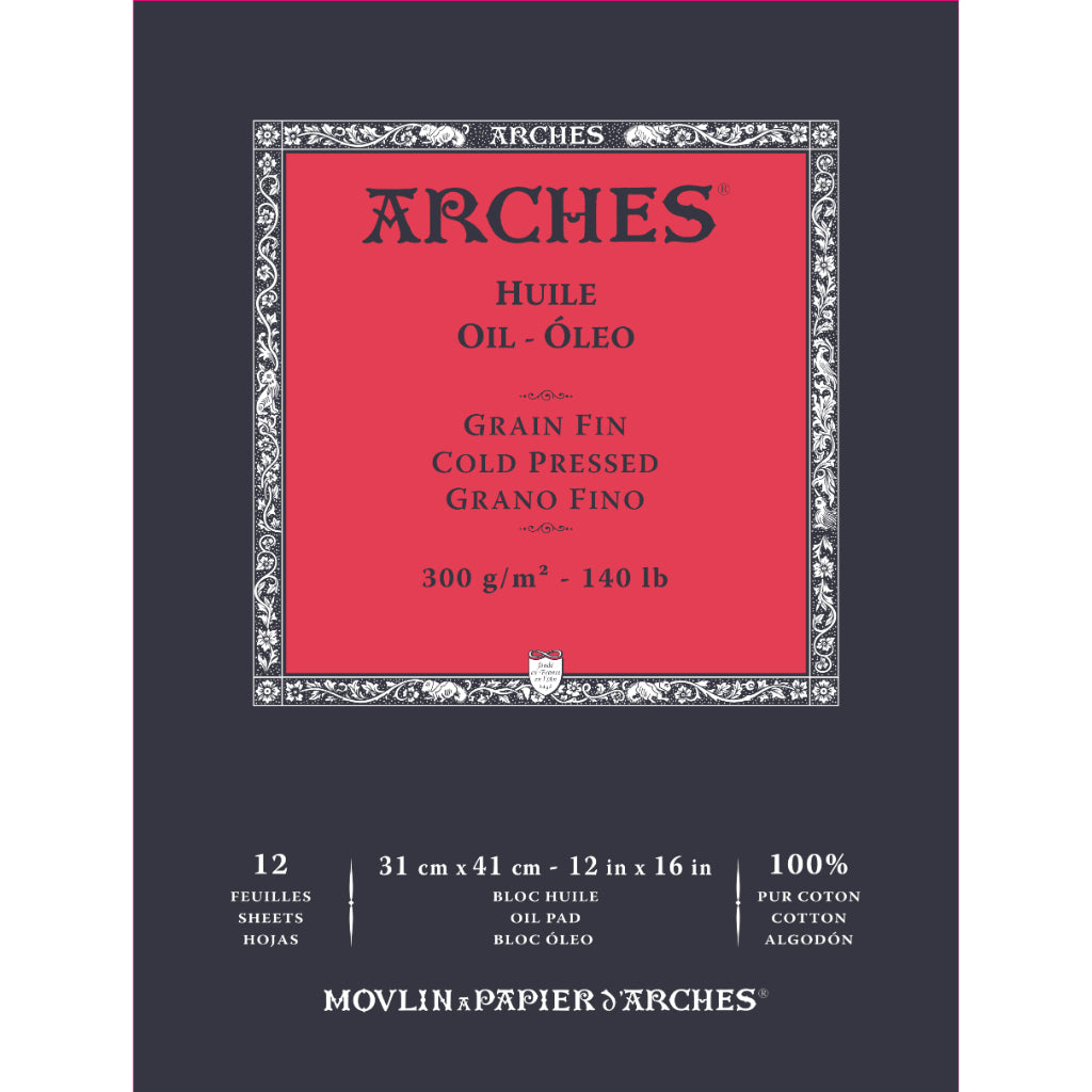 Arches Oil-Huile - 31Cm X 41Cm White Fine Grain/Cold Press 300 Gsm Paper - Short Side Glued Pad Of 12 Sheets
