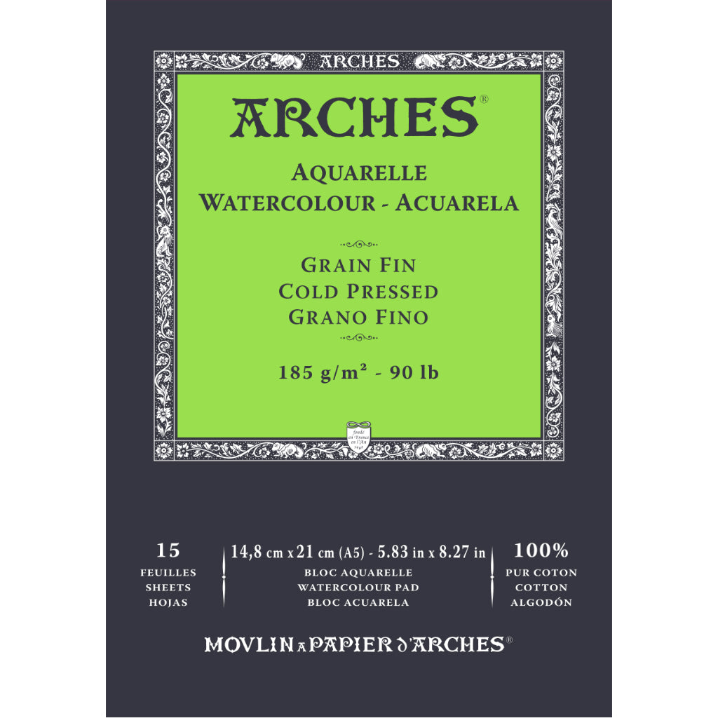 Arches Watercolour 185 Gsm Cold Pressed Natural White A5 Paper Pad - 15 Sheets