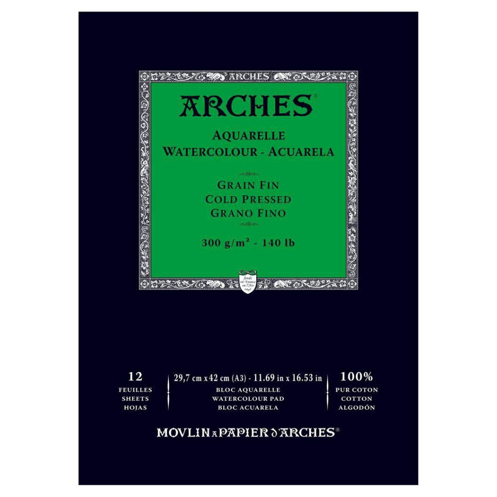 Arches Watercolour- Aquarelle - A3 (29.7 Cm X 42 Cm) Natural White Fine Grain/Cold Press 300 Gsm Paper- Short Side Glued Pad Of 12 Sheets