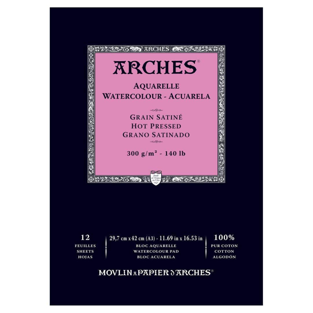 Arches Watercolour- Aquarelle - A3 (29.7 Cm X 42 Cm) Natural White Satin Grain/Hot Press 300 Gsm Paper- Short Side Glued Pad Of 12 Sheets