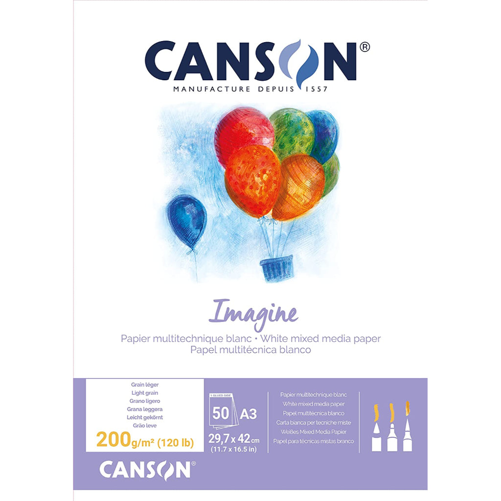 Canson Imagine A3 Pure White Light Grain 200 Gsm Drawing Paper- Short Side Glued (Pad Of 50 Sheets)