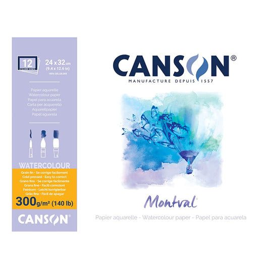 Canson Montval 300Gsm Watercolour Practice Paper Block Including 12 Sheets- Size: 24X32Cm- Natural White And Cold Pressed - Not Textured Paper