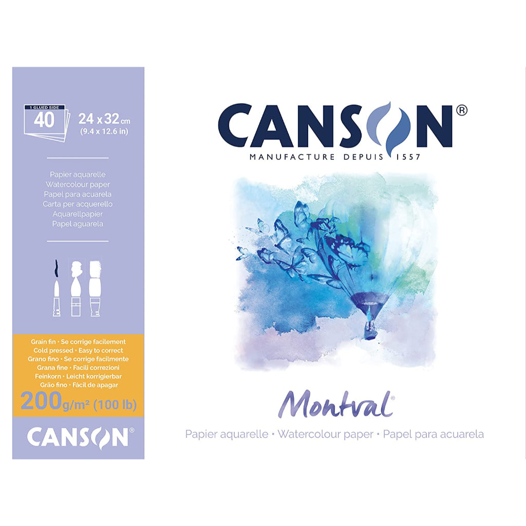 Canson Montval 24X32Cm Natural White Cold Pressed 200 Gsm Watercolour Paper- Long Side Glued (Pad Of 40 Sheets)