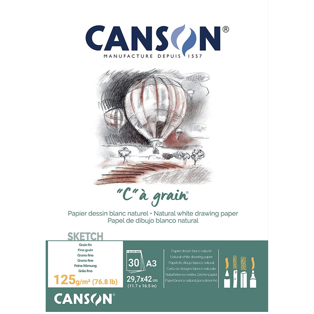 Canson C Grain Drawing 125 Gsm Fine Grain A3 Paper Pad(Natural White- 30 Sheets)