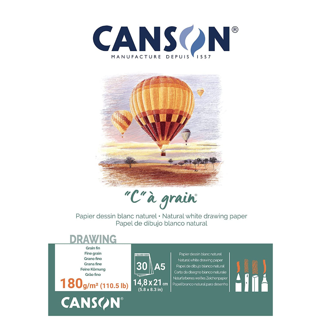 Canson C Grain Drawing 180 Gsm Fine Grain A5 Paper Pad(Natural White- 30 Sheets)