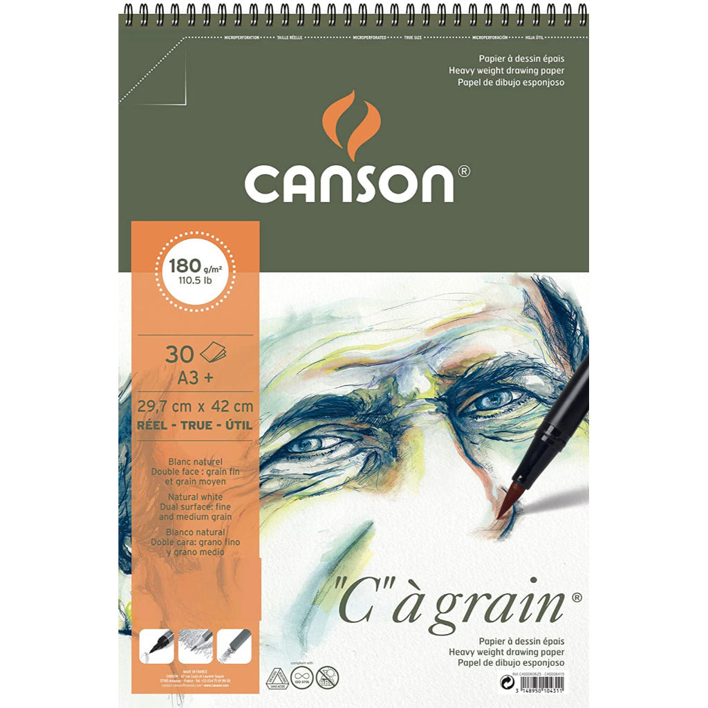 Canson C Grain Drawing 180 Gsm Fine Grain 29.7 X 43.7 Cm Paper Spiral Pad(Natural White- 30 Sheets)