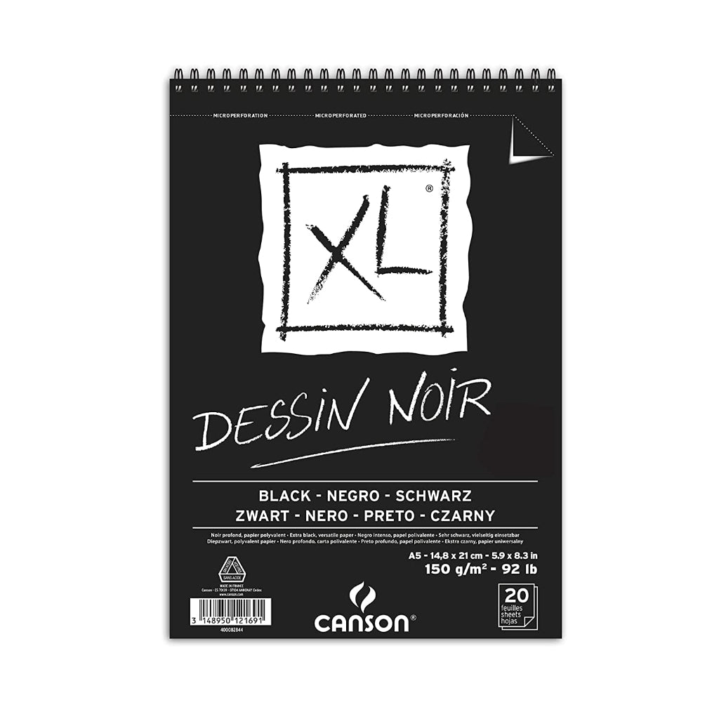 Canson Xl Dessin Noir 150 Gsm Smooth & Fine Grain A5 Paper Spiral Pad(Deep Black- 20 Sheets)