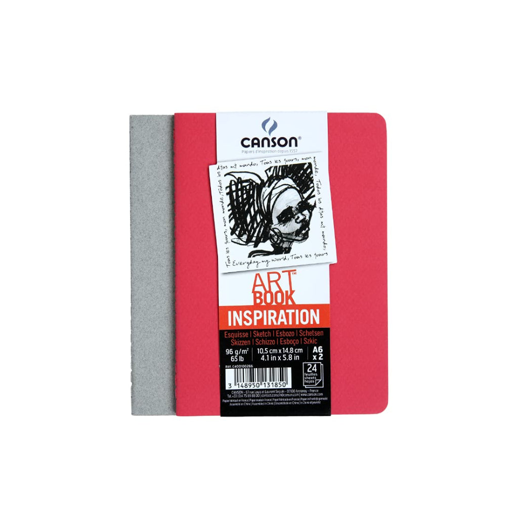 Canson Inspiration 96 Gsm Light Grain A6 Hardbound Books (Pack Of 2- Bright Red & Steel Grey- 24 Sheets)