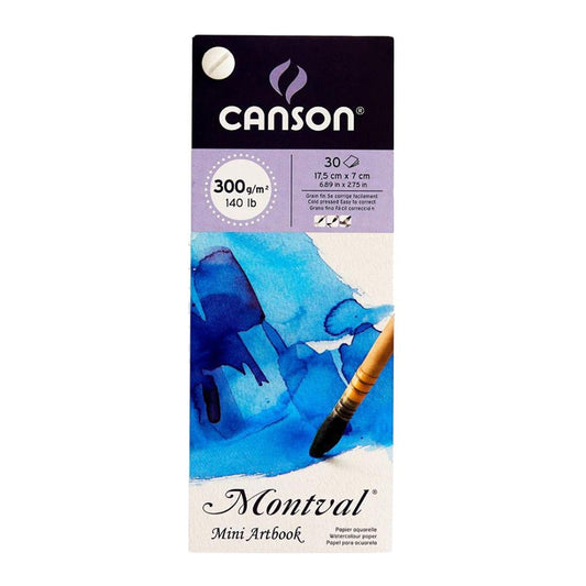 Canson Montval Watercolor 300 Gsm Cold Pressed 17.5 X 7 Cm Mini Art Book With 1 Watercolor Brush (White- 30 Sheets)