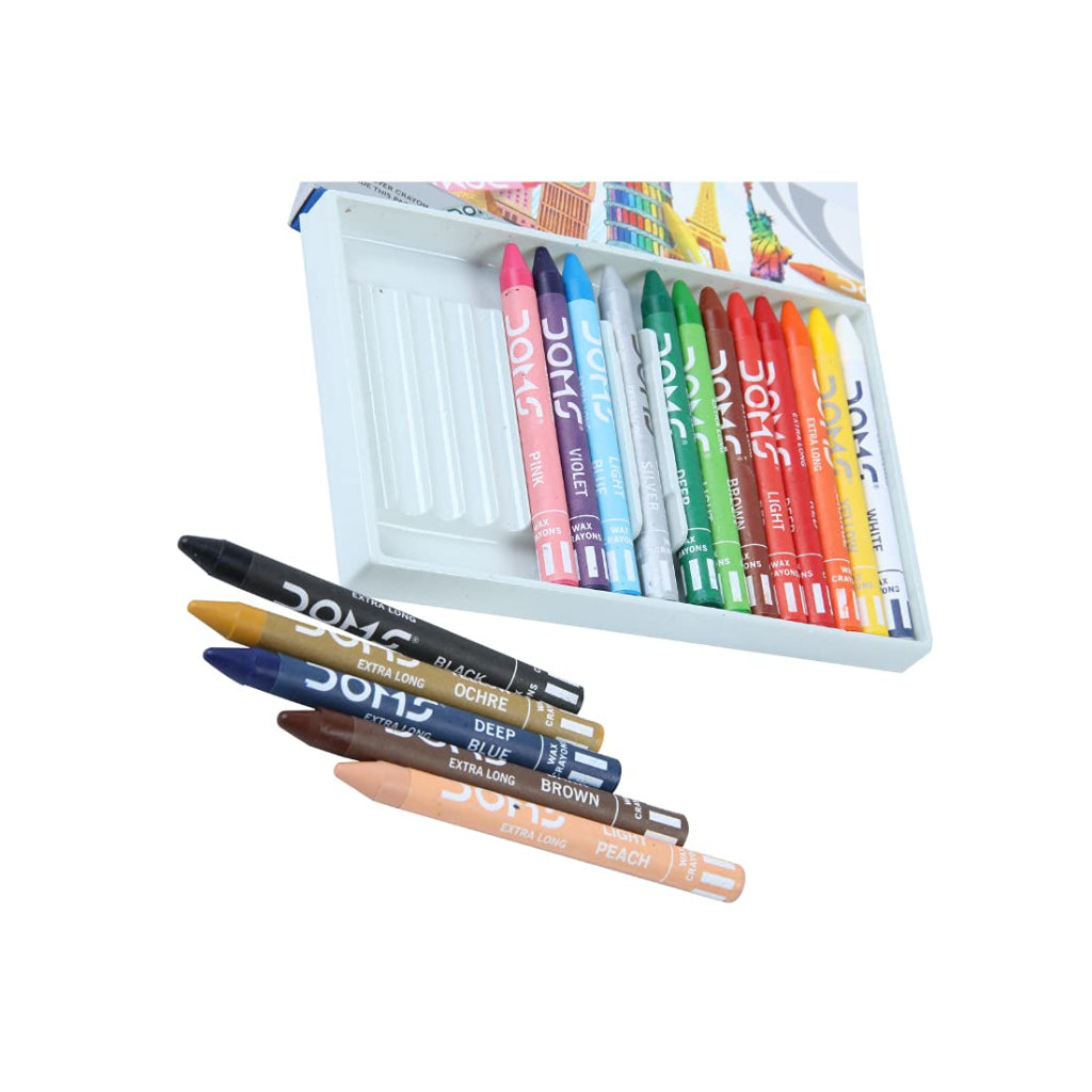 Doms Non-Toxic Extra Long Wax Crayon Set In Cardboard Box - 16 Assorted Shades