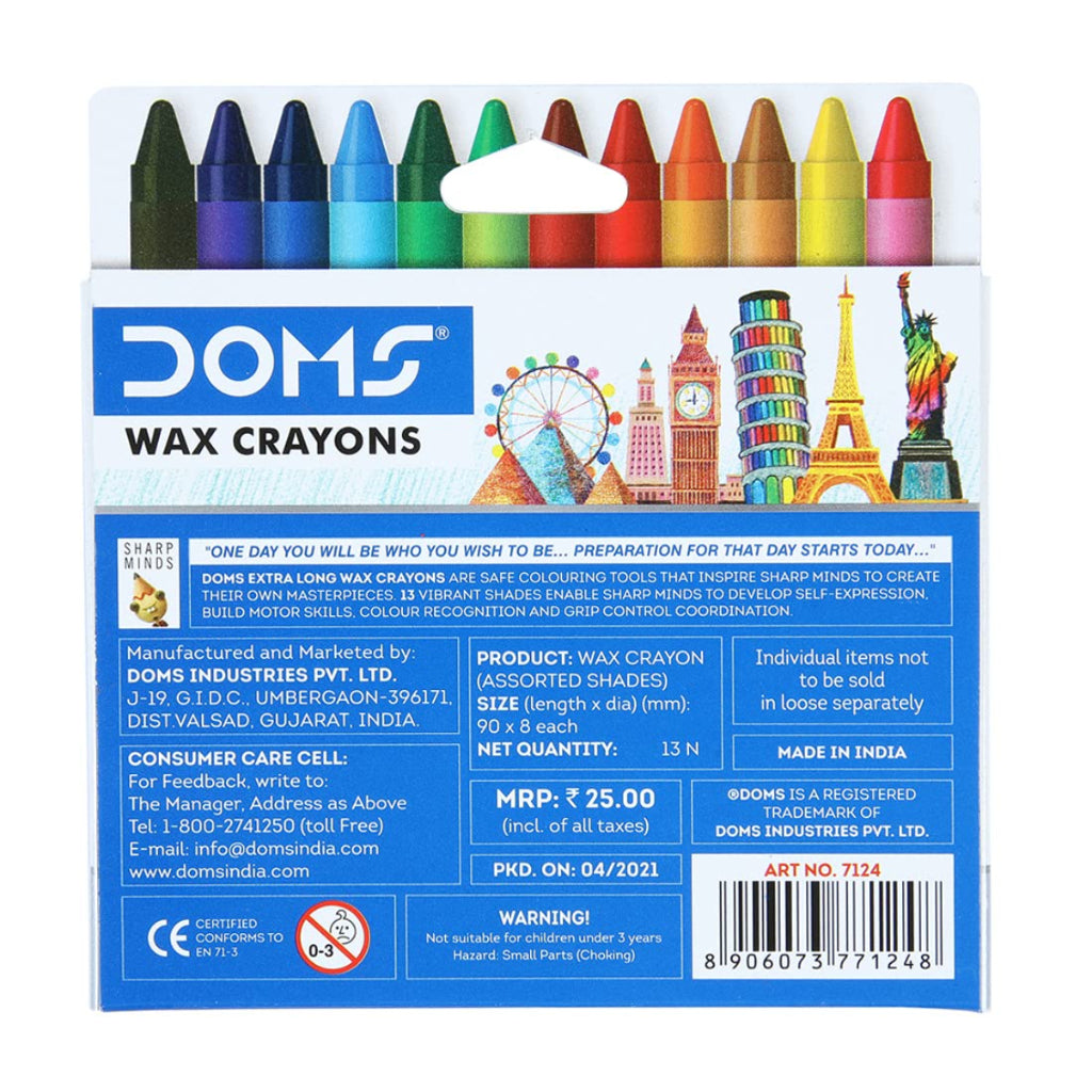 Doms Non-Toxic Extra Long Wax Crayon Set In Cardboard Box - 12 Assorted Shades
