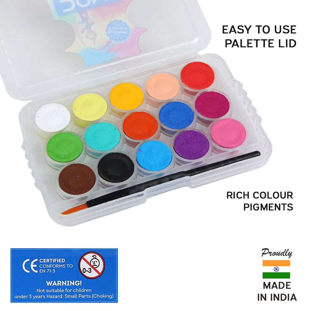 Doms Non-Toxic 15Mm Water Colour Cake Set With Paint Brush And Plastic Case  - 15 Assorted Shades