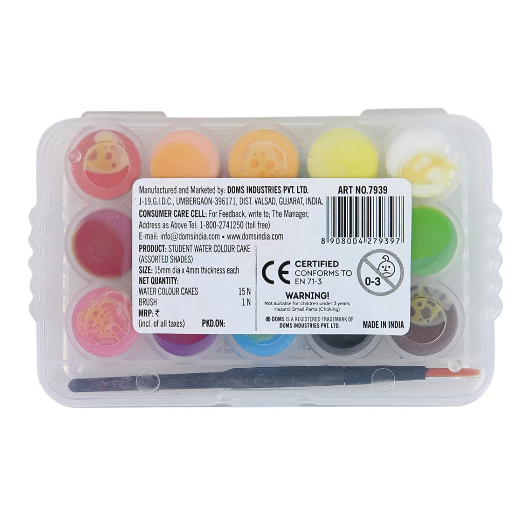 Doms Non-Toxic 15Mm Water Colour Cake Set With Paint Brush And Plastic Case  - 15 Assorted Shades