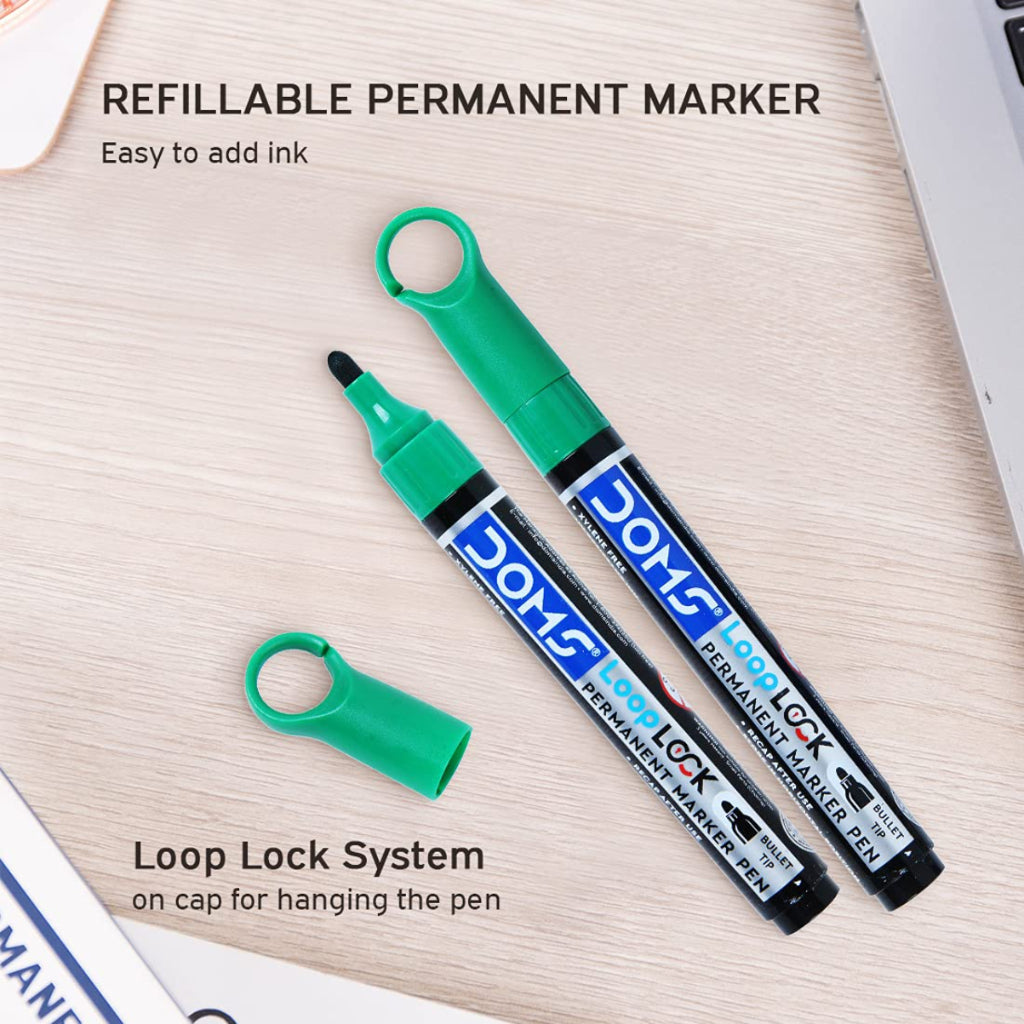 Doms Refilo Non-Toxic Hi-Tech Refillable Loop Lock Permanent Marker Pens (Green)