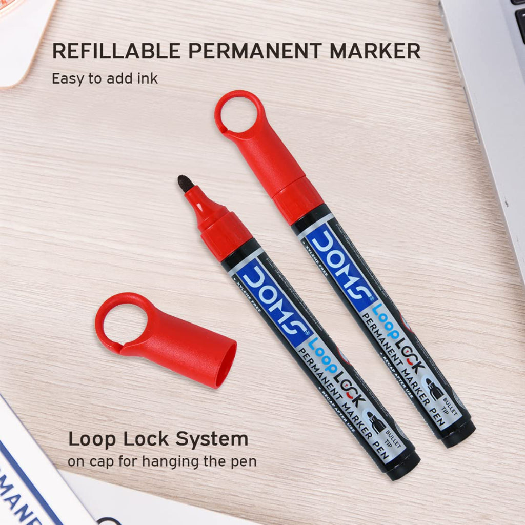 Doms Refilo Non-Toxic Hi-Tech Refillable Loop Lock Permanent Marker Pens
