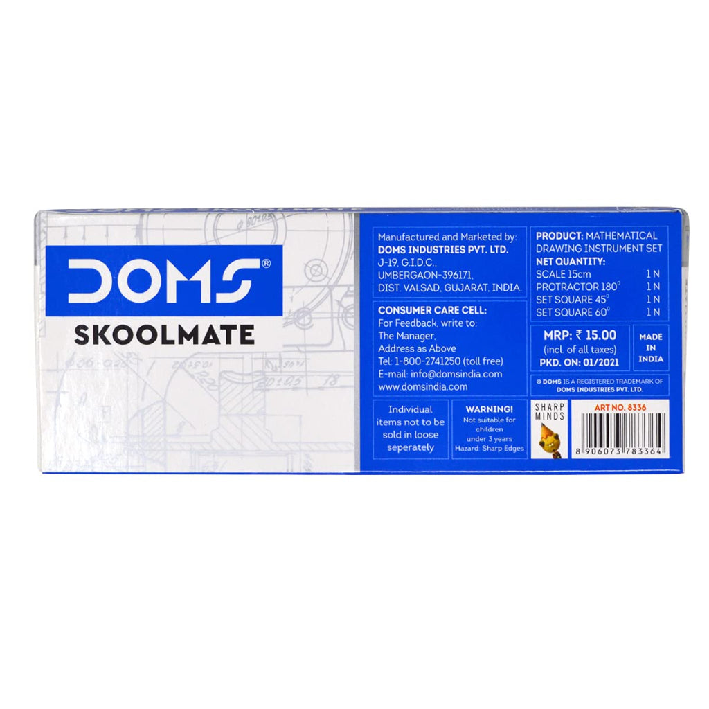 Doms Skoolmate Mathematical Drawing Instrumet Set | 15 Cm Scale | Protractor | Set Square 45 | Set Square 60