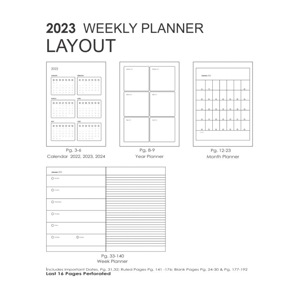 Mypaperclip 2023 Weekly Planner, Section Thread Bound, Hand Drawn Hard Back , A5 (148 X 210 Mm, 5 X 8.27 In), 2023-Weekly_Planner-D2_Black