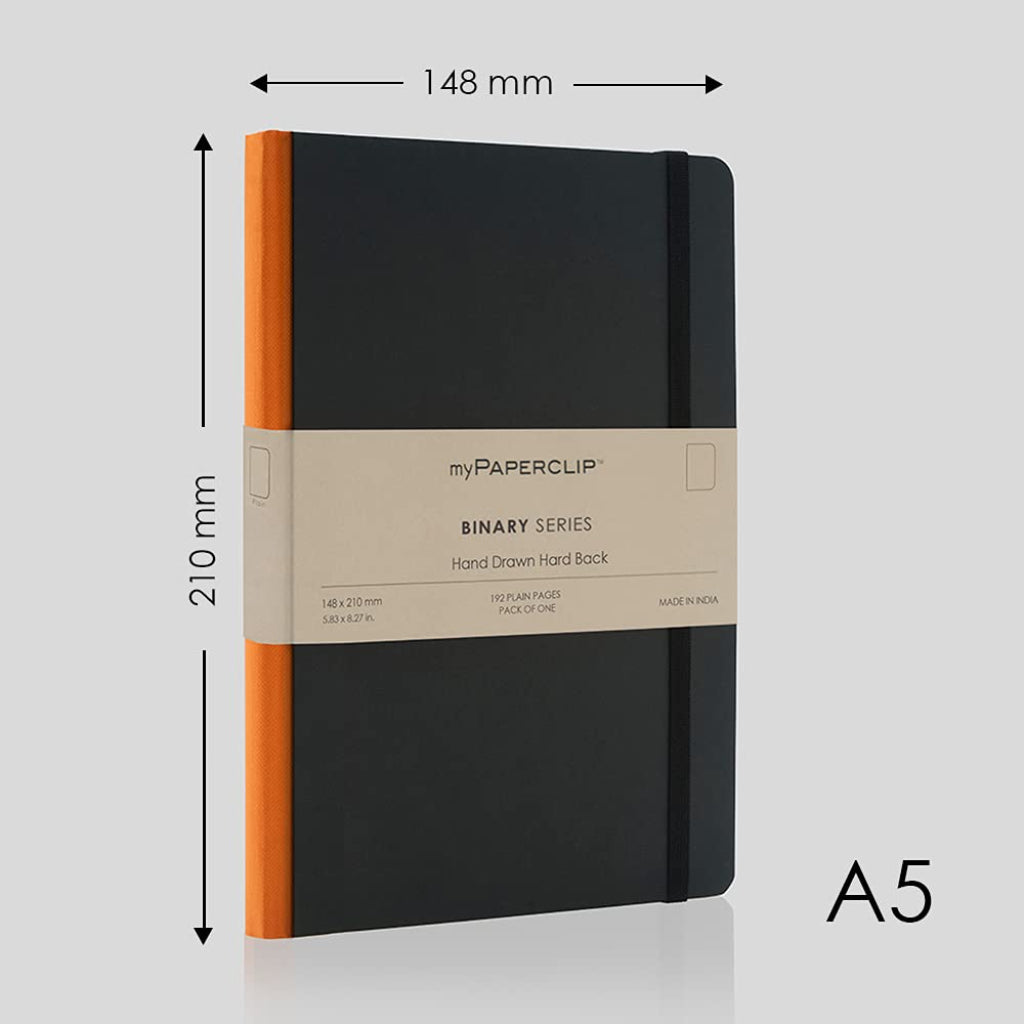 Mypaperclip Binary Series Notebook, Section Thread Bound, Hand Drawn Hard Cover, A5 (148 X 210 Mm, 5.83 X 8.27 In.) Plain, Bsh192A5-P Black Hard Cover, Orange Spine
