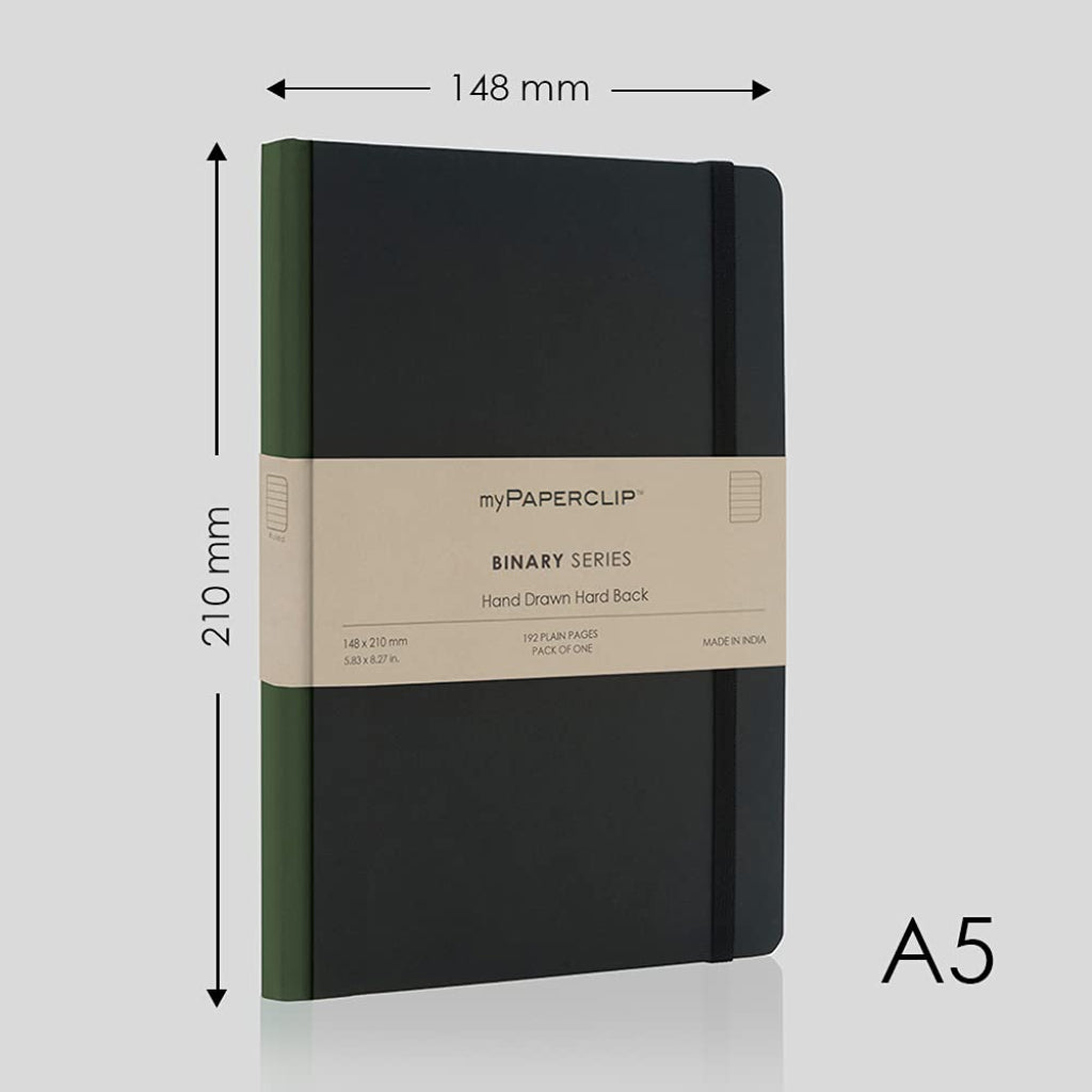 Mypaperclip Binary Series Notebook, Section Thread Bound, Hand Drawn Hard Cover, A5 (148 X 210 mm, 5.83 X 8.27 In.) Ruled, Bsh192A5-R Black Hard Cover, Green Spine