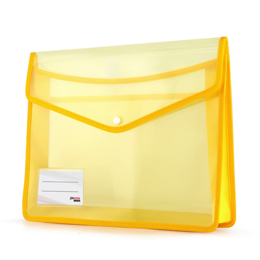 Ondesk Essentials Document Transparent Case File | Durable Plastic Document File Storage Bag With Snap Button| Folder For Fc Size Documents | Yellow, Pack Of 1