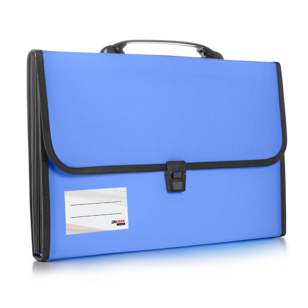 Ondesk Essentials 13 Pockets Expanding File | Durable Plastic Document File Storage Bag With Lock Button And Handle| File For Fc Size Documents | Blue, Pack Of 1