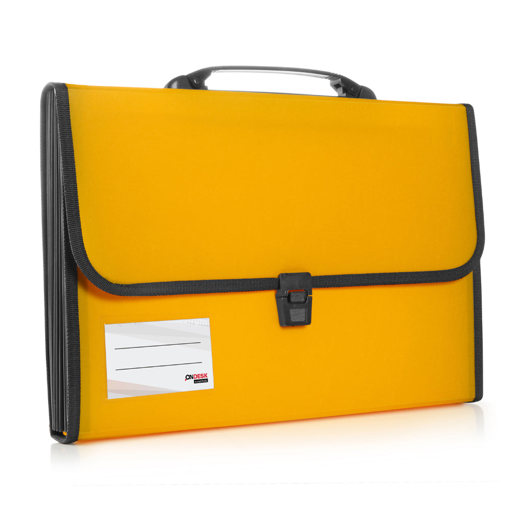 Ondesk Essentials 13 Pockets Expanding File | Durable Plastic Document File Storage Bag With Lock Button And Handle| File For Fc Size Documents | Yellow, Pack Of 1