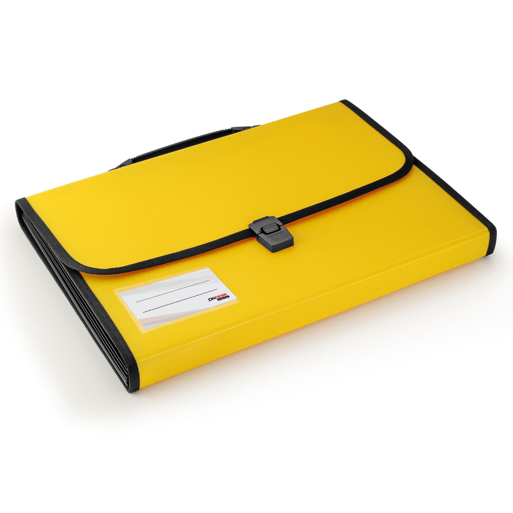 Ondesk Essentials 13 Pockets Expanding File | Durable Plastic Document File Storage Bag With Lock Button And Handle| File For Fc Size Documents | Yellow, Pack Of 1