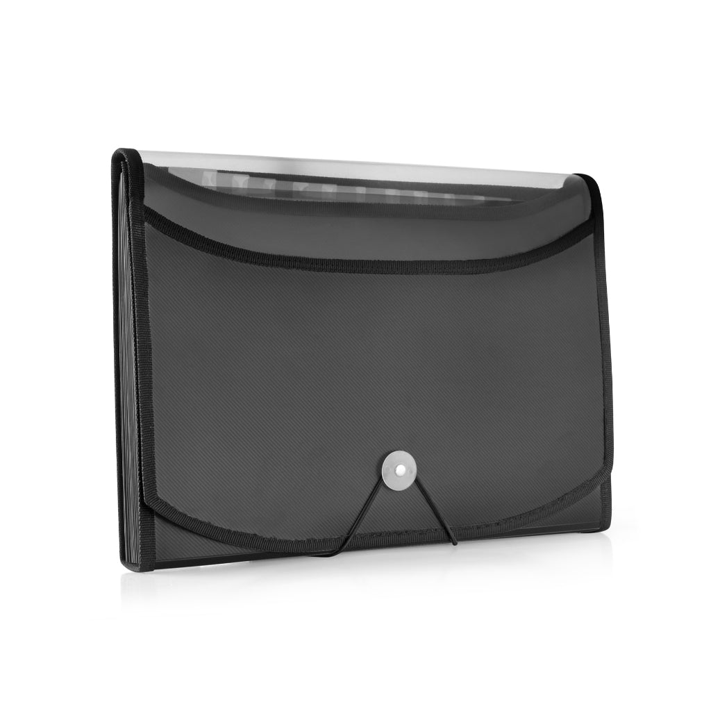 Ondesk Essentials 13 Pockets Expanding File With Card Holder | Durable Plastic Document File Storage Bag With Elastic Swing | File For A4 Size Documents | Black, Pack Of 1