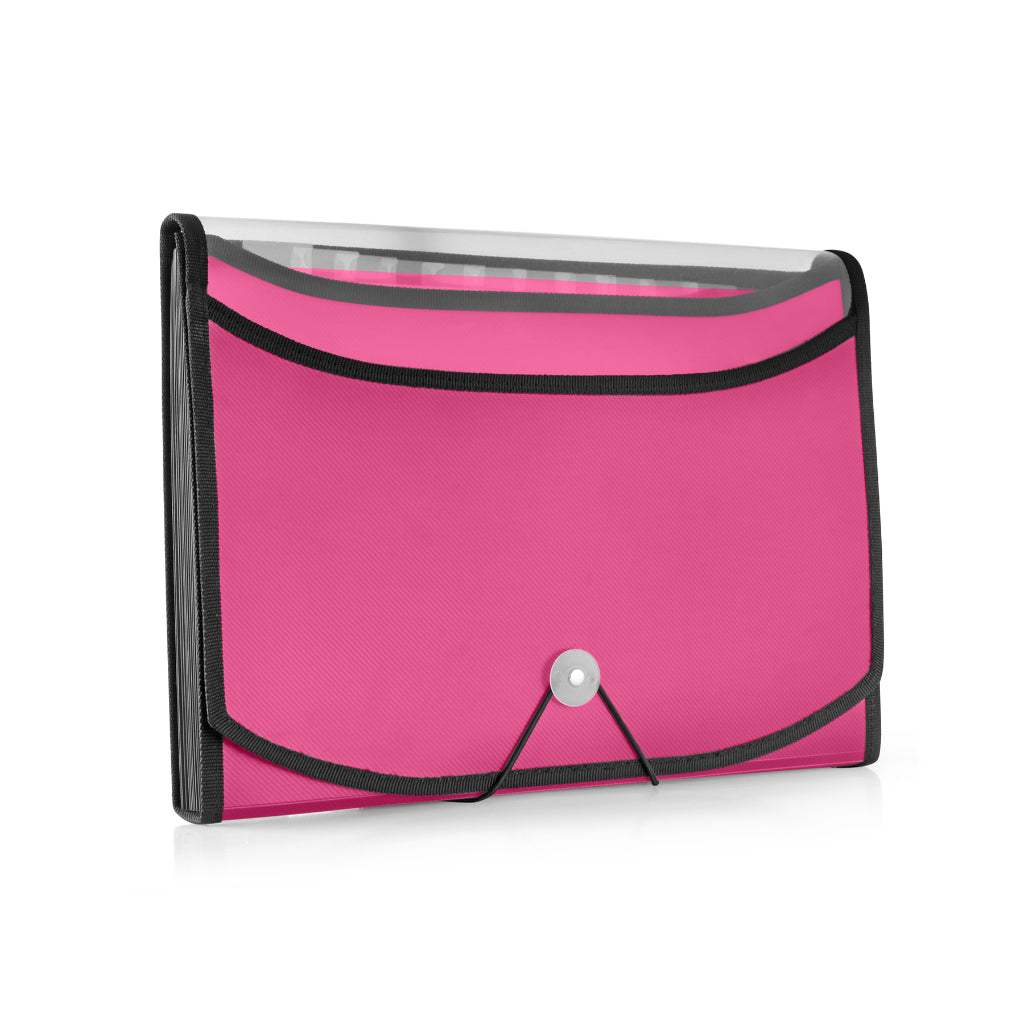 Ondesk Essentials 13 Pockets Expanding File With Card Holder | Durable Plastic Document File Storage Bag With Elastic Swing | File For A4 Size Documents | Pink, Pack Of 1