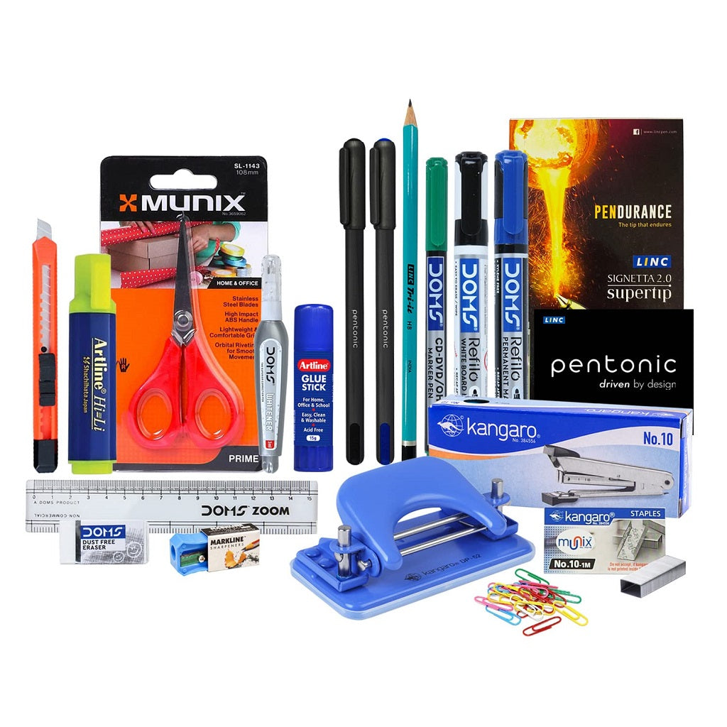 Ondesk Essentials Desk Accessories Office PRO Kit | Includes Pen, Pencil, Eraser, Scale, Sharpener, Stapler, Marker, Highlighter, Scissor, Glue, Notepad, Clips | 19 Products & 39 Units
