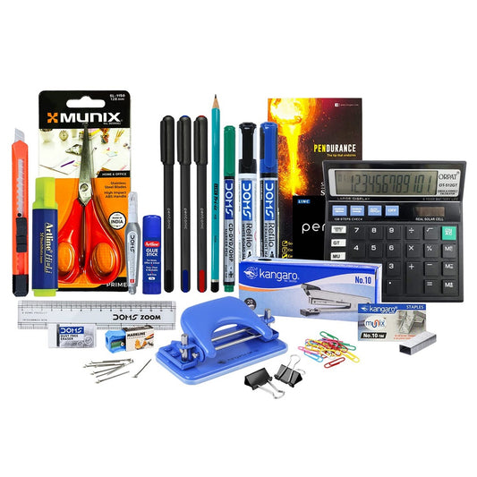 Ondesk Essentials Desk Accessories Office ULTRA MAX Kit | Includes Pen, Pencil, Eraser, Scale, Sharpener, Stapler, Marker, Highlighter, Scissor, Glue, Notepad, Clip | 22 Products & 44 Units