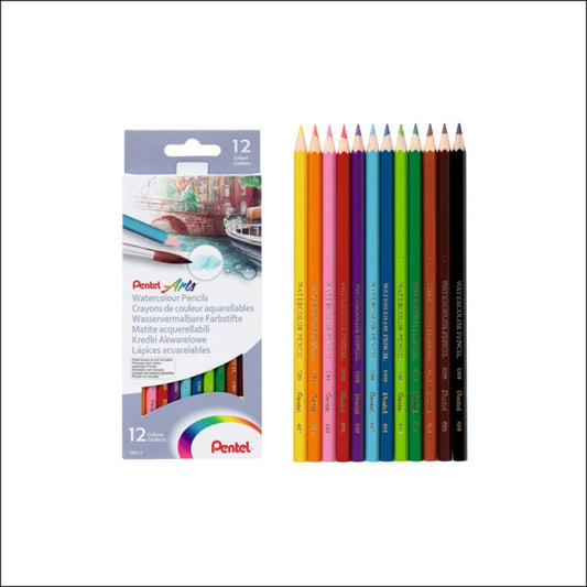 Pentel CB912 Soft Hexagonal Pre-SharPened Water Soluble Watercolor Pencils - Multicolour, Pack of 12
