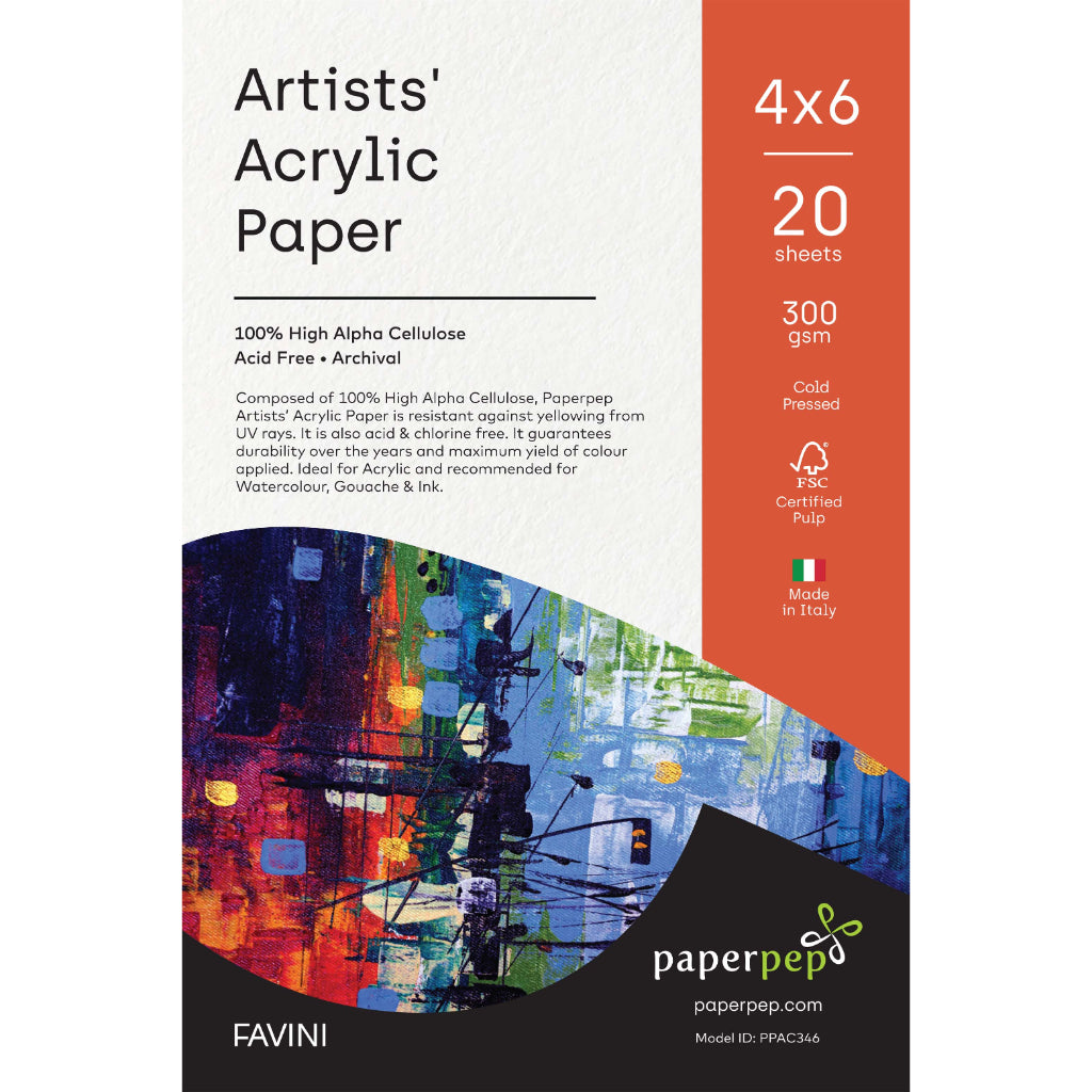 Paper Pep Artists' Acrylic Paint Paper 300Gsm Cold Pressed 10.16 Cm X 15.24 Cm (4"X6") Pack Of 40