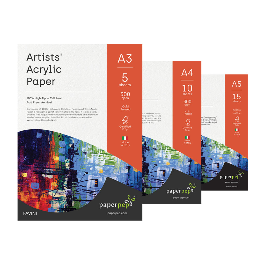 Paper Pep Artists' Acrylic Paint Paper 300Gsm Cold Pressed A3 (Pack Of 5) + A4 (Pack Of 10) + A5 (Pack Of 15)