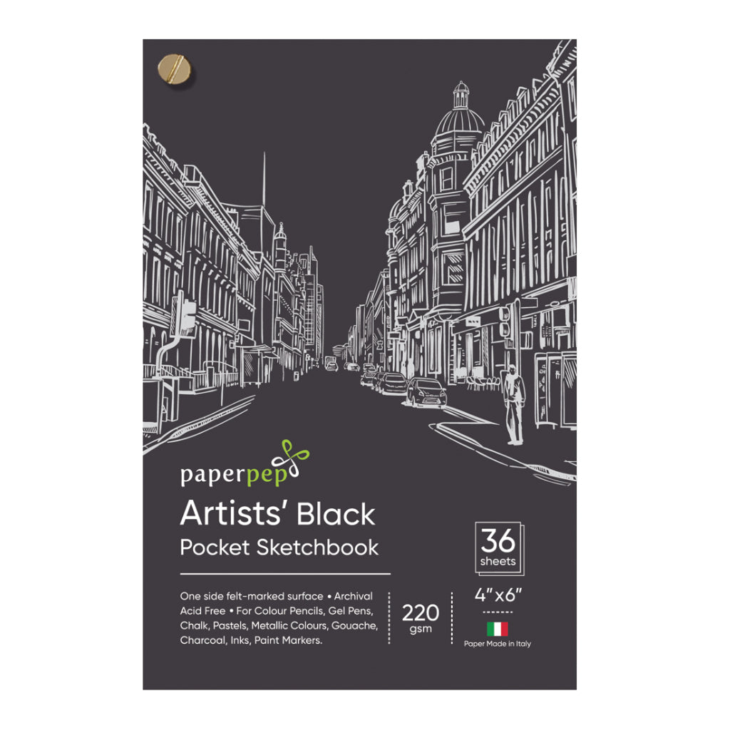 Paperpep Black Pocket Sketchbook 220Gsm 4"X6" 36 Sheets For Sketching & Drawing With Pencil, Charcoal, Graphite, Red Chalk Pastel, Chalk, Oil Pastel & Wax Crayon For Artists' & Amateurs