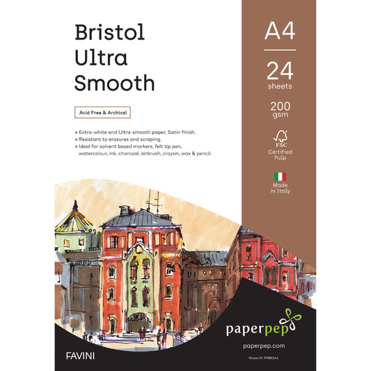 Paper Pep Artists' Bristol Ultra Smooth Paper 200Gsm A4 Pack Of 24