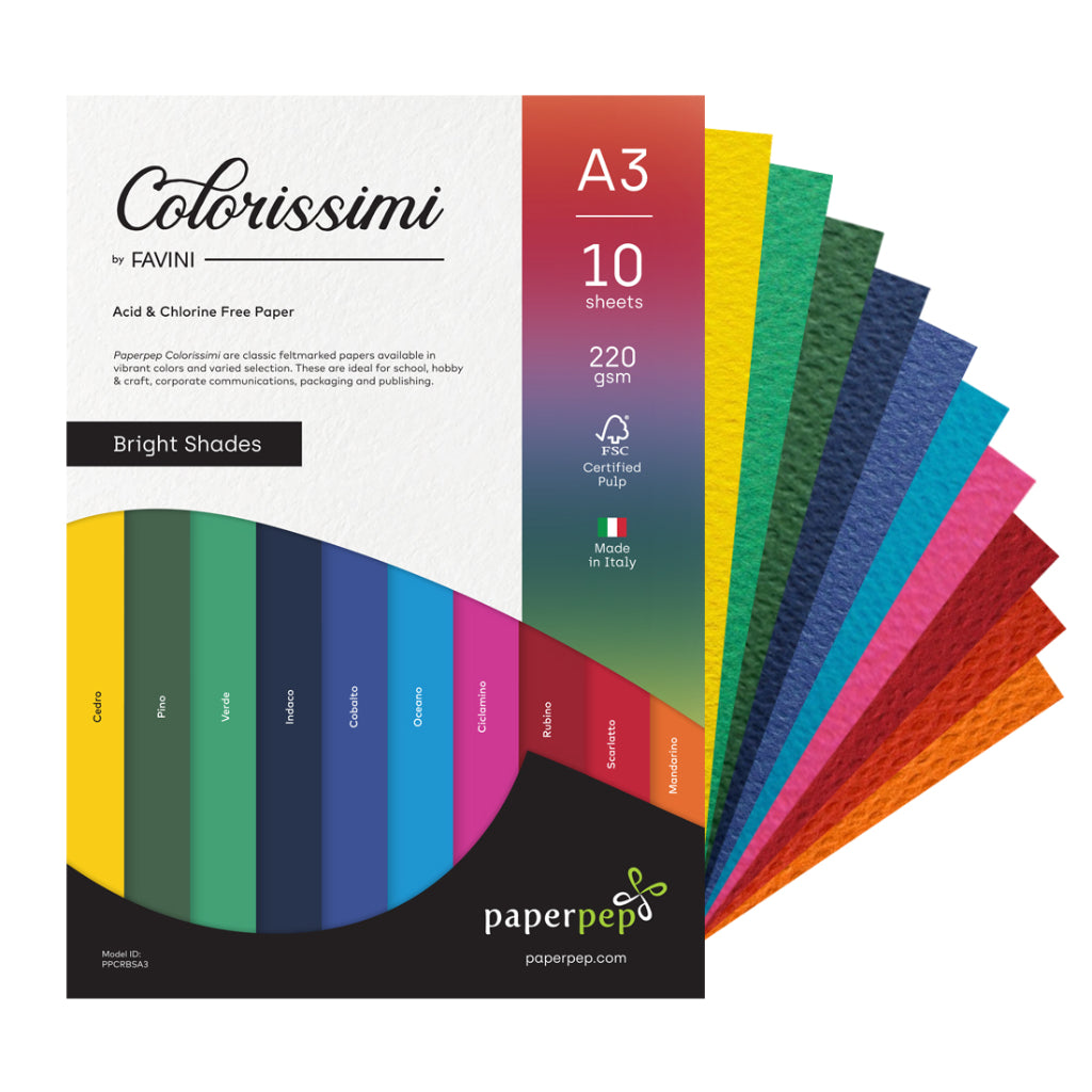 Paper Pep Colorissimi Card Stock 220GSM A3 Bright Shades Assorted Pack of 10 Sheets