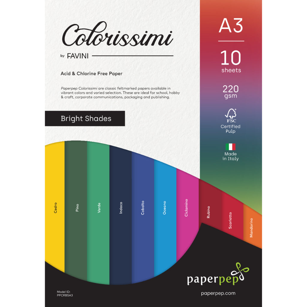 Paper Pep Colorissimi Card Stock 220GSM A3 Bright Shades Assorted Pack of 10 Sheets