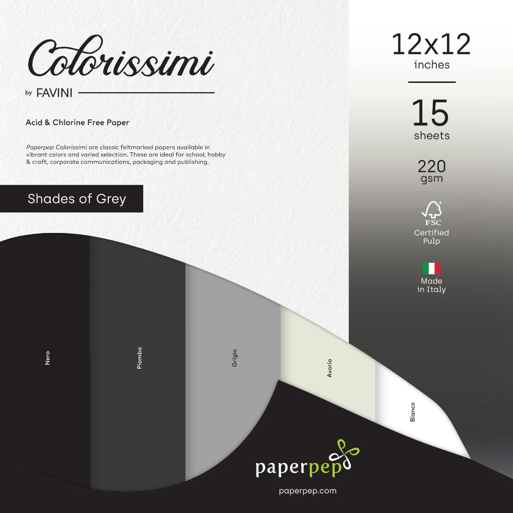 Paper Pep Colorissimi Card Stock 220Gsm 12"X12" Shades Of Grey Assorted Pack Of 15 Sheets