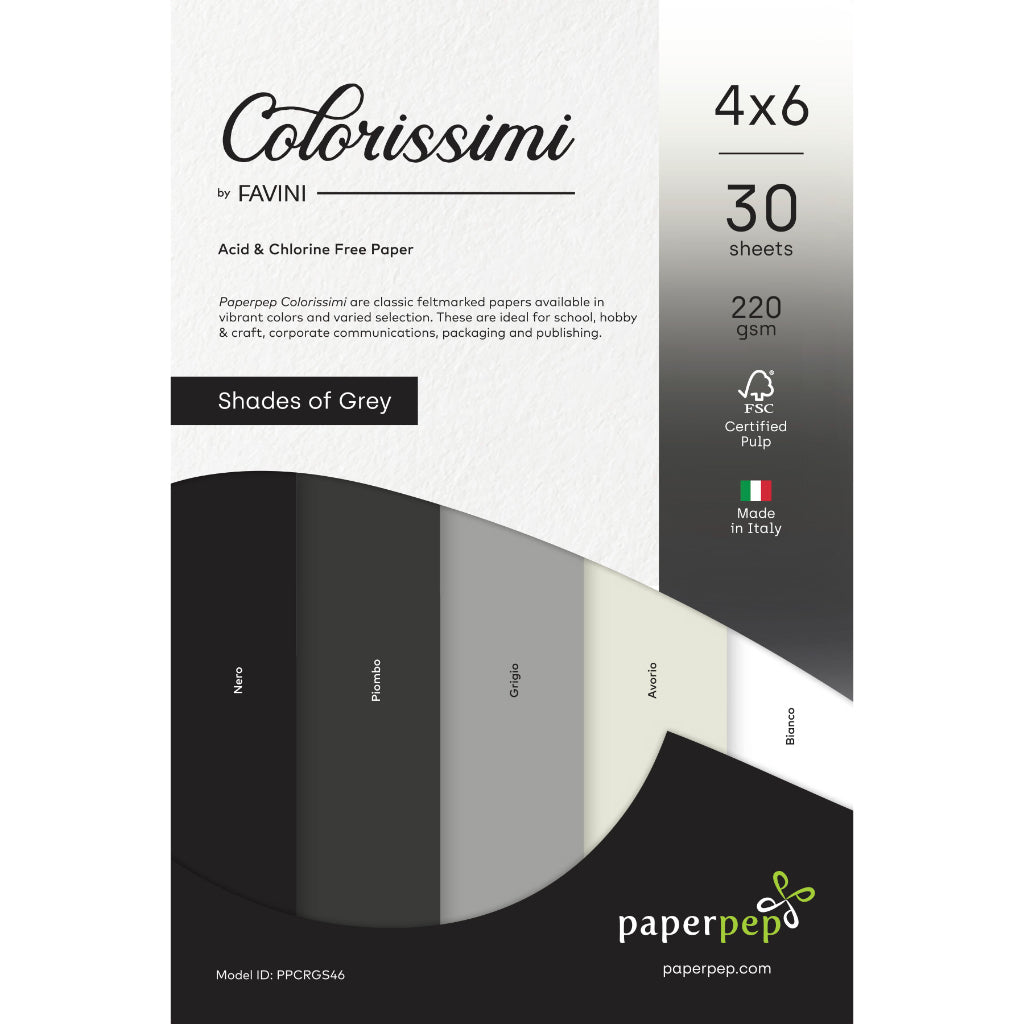 Paper Pep Colorissimi Card Stock 220Gsm 4"X6" Shades Of Grey Assorted Pack Of 30 Sheets