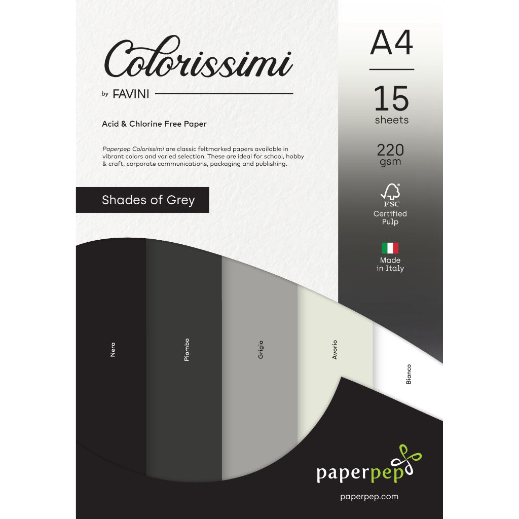 Paper Pep Colorissimi Card Stock 220Gsm A4 Shades Of Grey Assorted Pack Of 15 Sheets