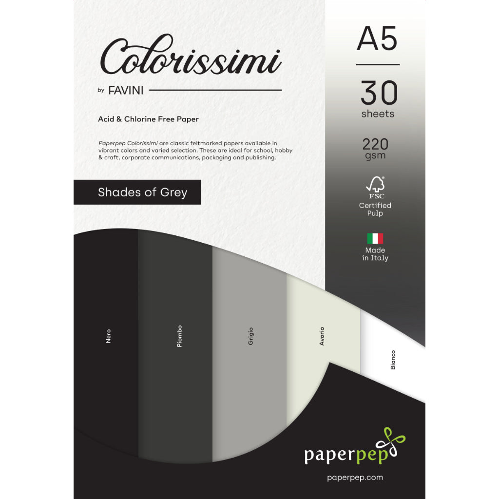 Paper Pep Colorissimi Card Stock 220Gsm A5 Shades Of Grey Assorted Pack Of 30 Sheets