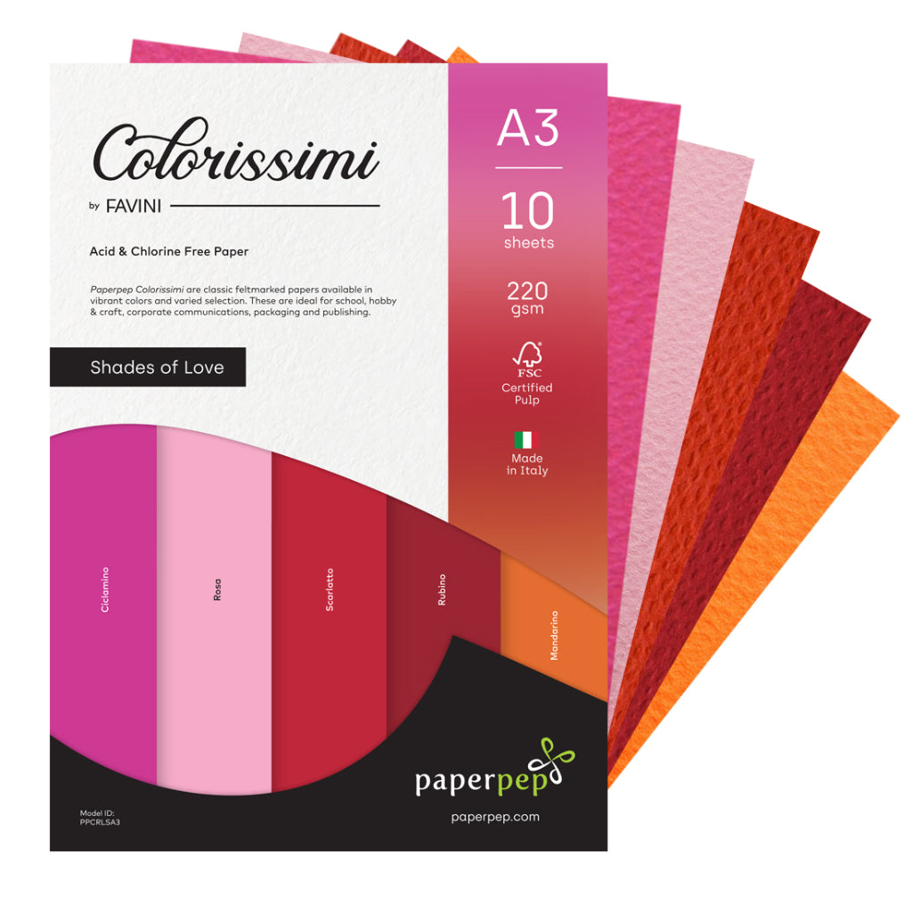 Paper Pep Colorissimi Card Stock 220GSM A3 Shades of Love Assorted Pack of 10 Sheets